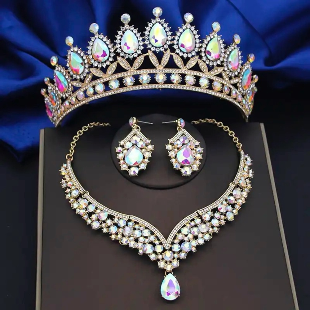 AB Bridal Jewelry Set Tiaras Earrings Necklaces Set Wedding Dress Crown